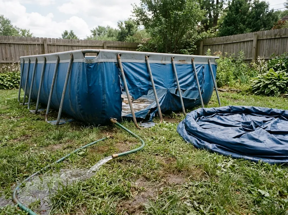 Rectangular metal-frame pool with a torn vinyl wall drooping between its legs, next to a deflated round soft-sided pool