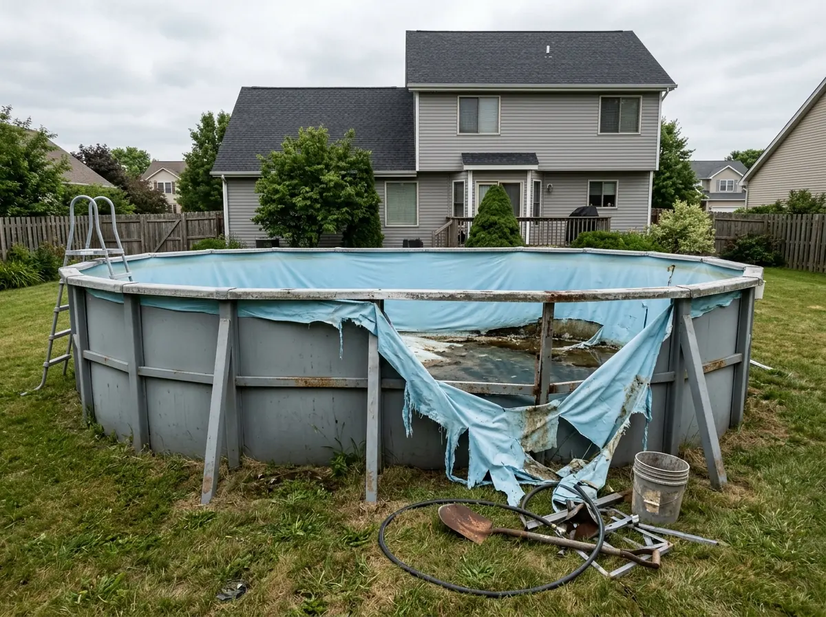 Long oval above-ground pool with steel side buttresses and support straps running under the pool floor