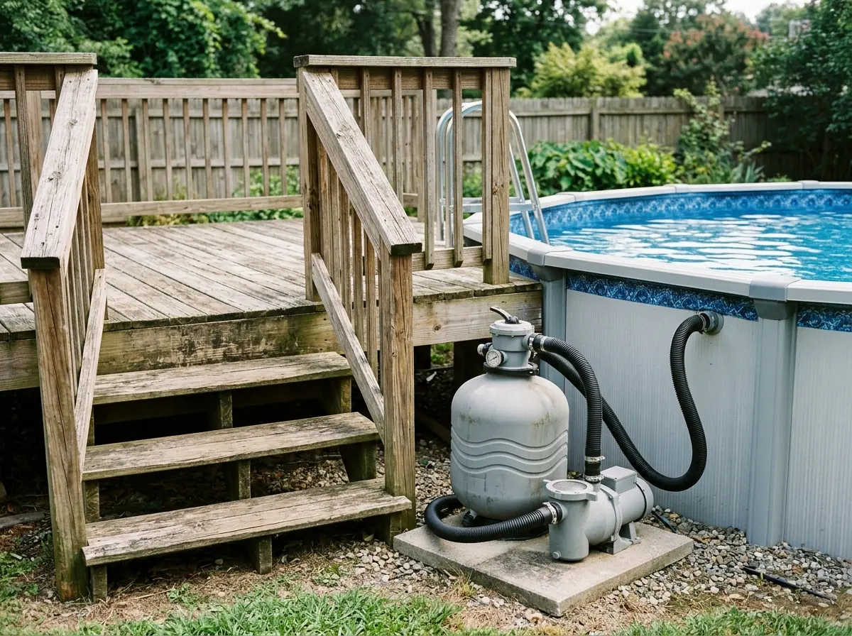 Wooden pool deck with steps beside an above-ground pool, with a sand filter and pump on a concrete paver next to it