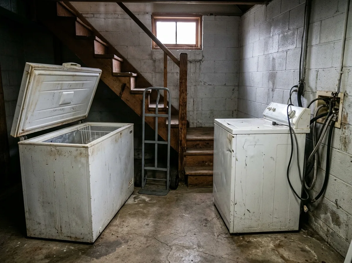 Old white chest freezer with its lid open beside a dented washer in an unfinished basement with block walls and wooden stairs