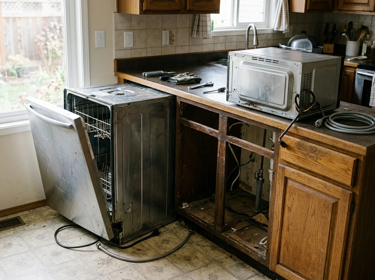 Old stainless dishwasher pulled out of its cabinet opening with its door open, a disconnected over-the-range microwave on the counter beside it