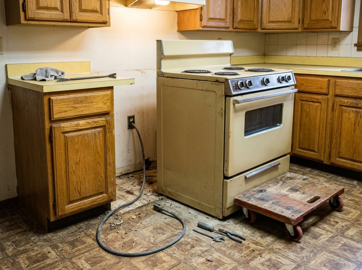 Dated almond-colored electric range pulled out from the kitchen counter, its cord visible and the floor behind it dusty