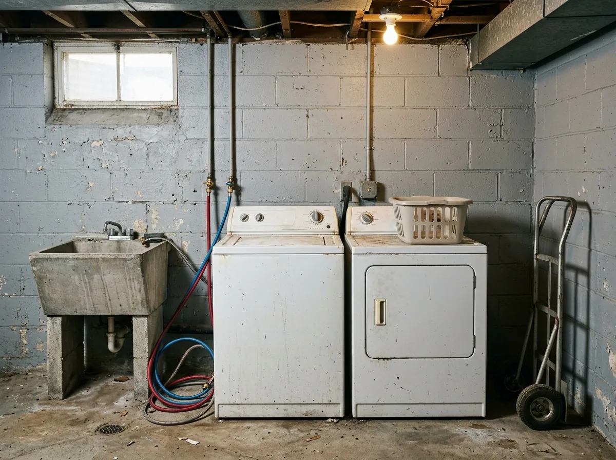 Old white top-load washer and matching dryer side by side in a basement laundry area with block walls and a utility sink