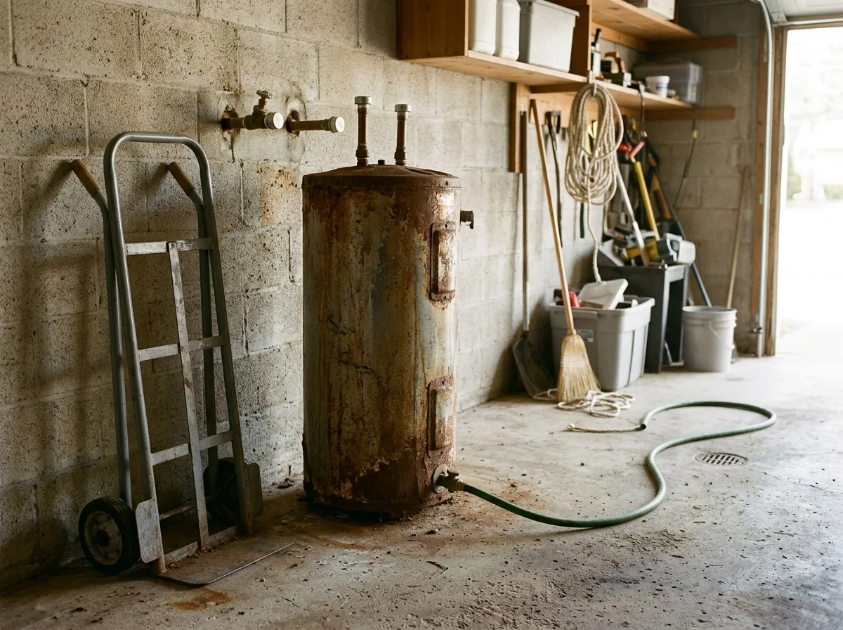 Rusty 50-gallon tank water heater disconnected and standing in a garage utility corner, with copper pipe stubs on the wall behind it
