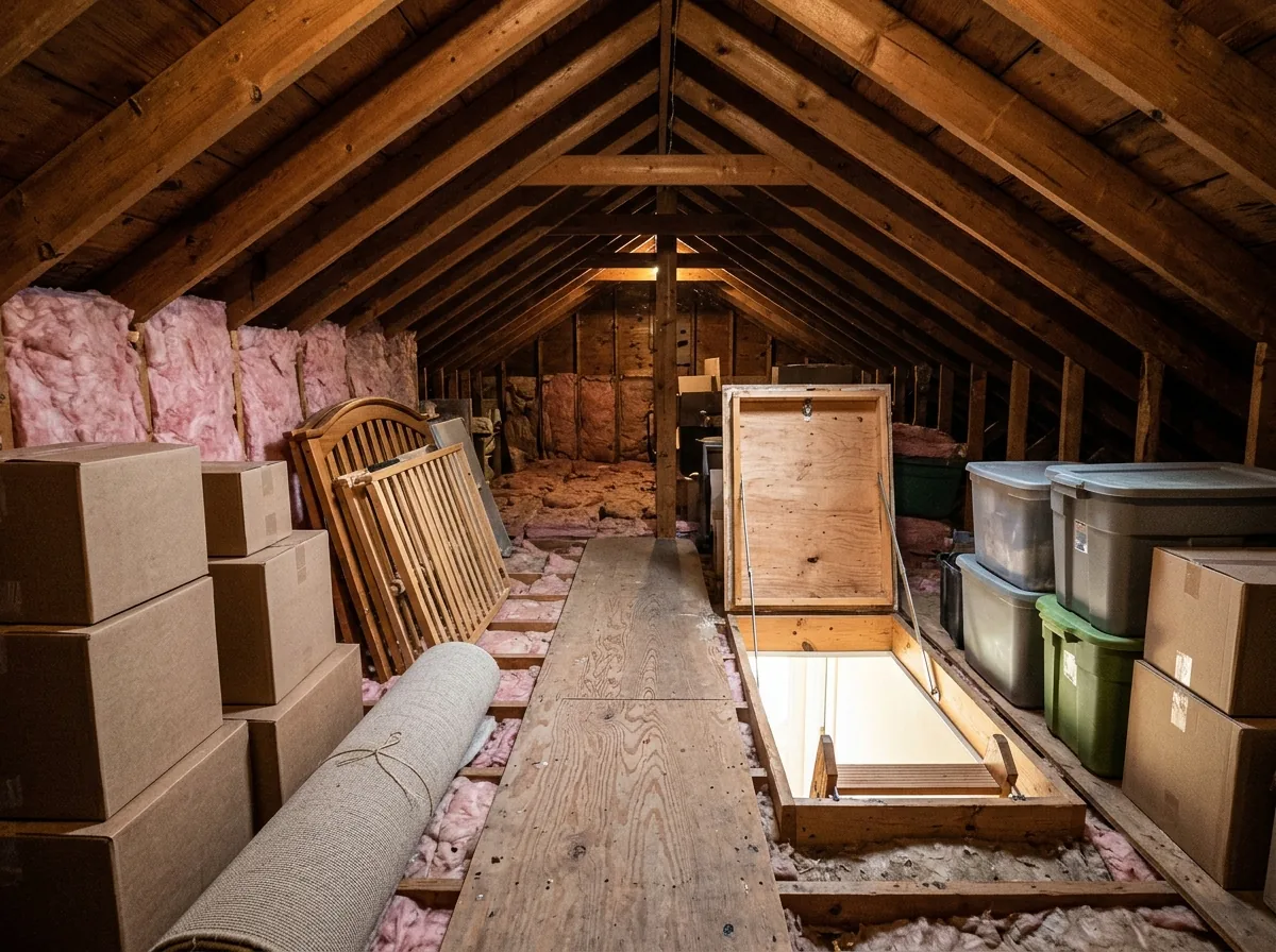 Dim attic with exposed rafters, pink insulation, a plywood walkway, stacked boxes and a disassembled crib near the pull-down stairs