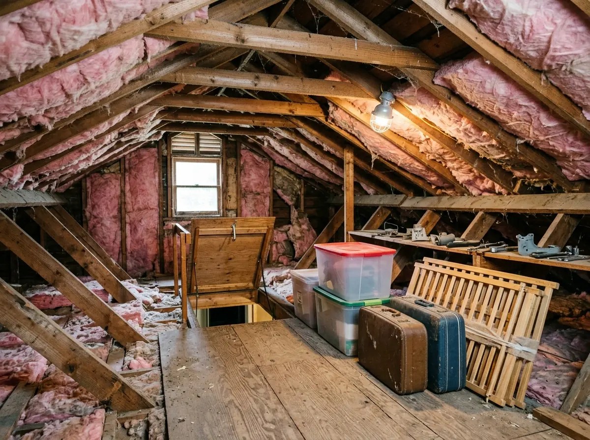 Attic with exposed rafters and pink insulation, plastic holiday bins and old suitcases stacked on a plywood walkway near the pull-down stairs