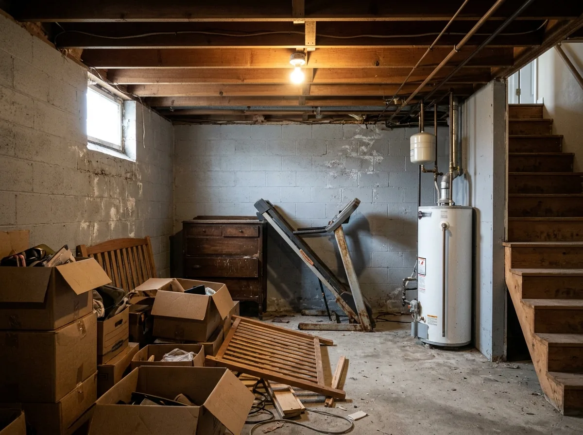 Unfinished basement with block walls, a water heater and rows of cardboard boxes, an old dresser and a broken treadmill on the concrete floor