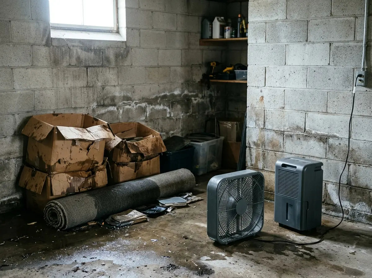 Basement floor with a water line on the block wall, sagging wet cardboard boxes, a rolled damp rug and a box fan drying the floor