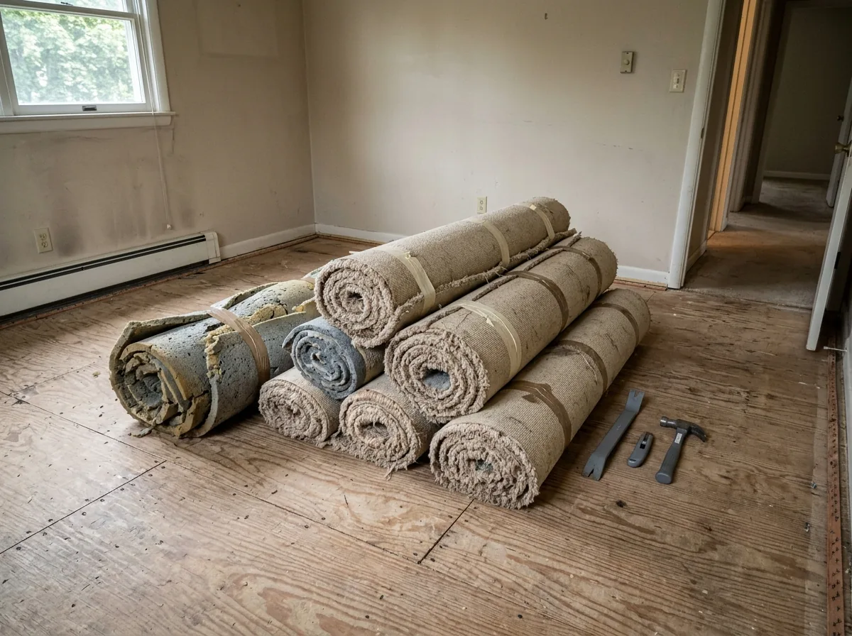 Old beige wall-to-wall carpet cut into strips and rolled with its foam pad, stacked in an empty bedroom