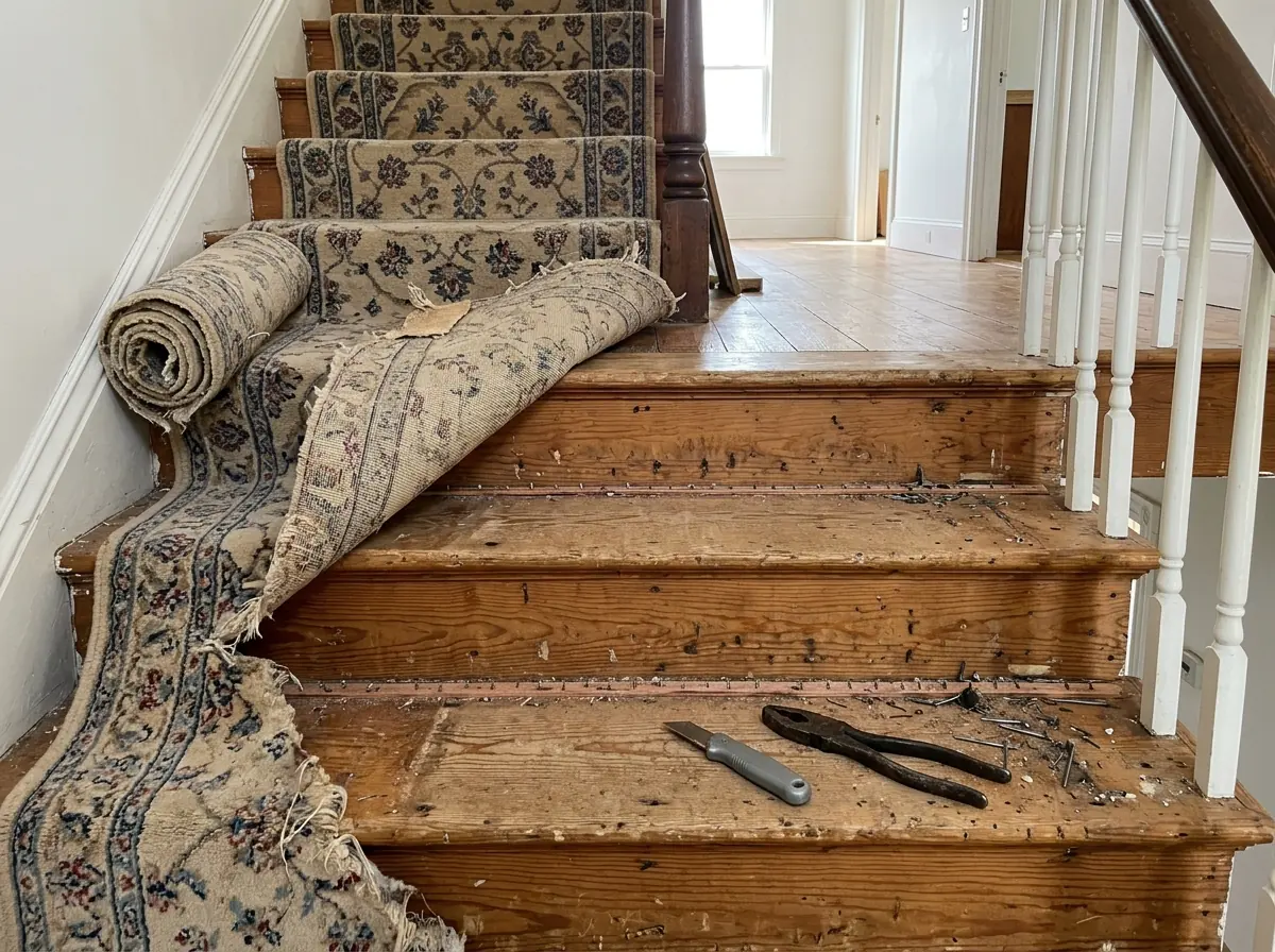 Worn stair runner partly pulled up on a wooden staircase, with the tack strips and staples showing on the treads