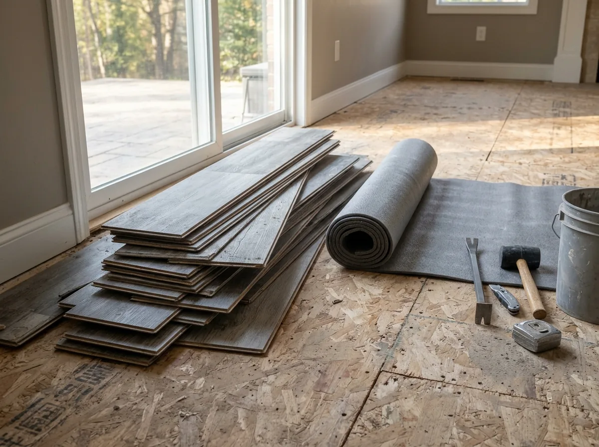 Stack of gray laminate and vinyl plank flooring pieces pulled up from a living room, with the underlayment rolled beside them