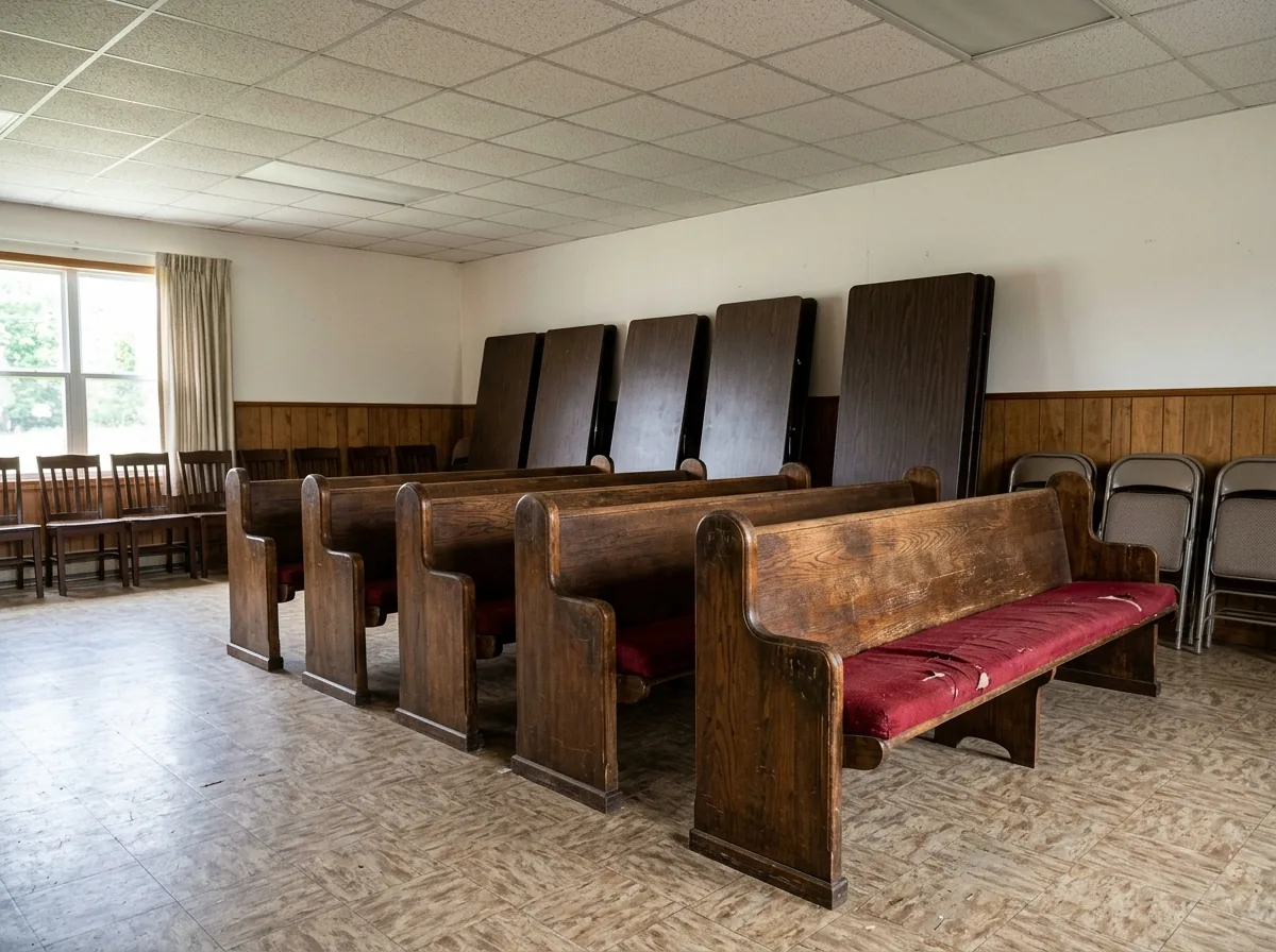 Row of old oak church pews with worn red cushions moved into a fellowship hall, folding tables leaning against the wall
