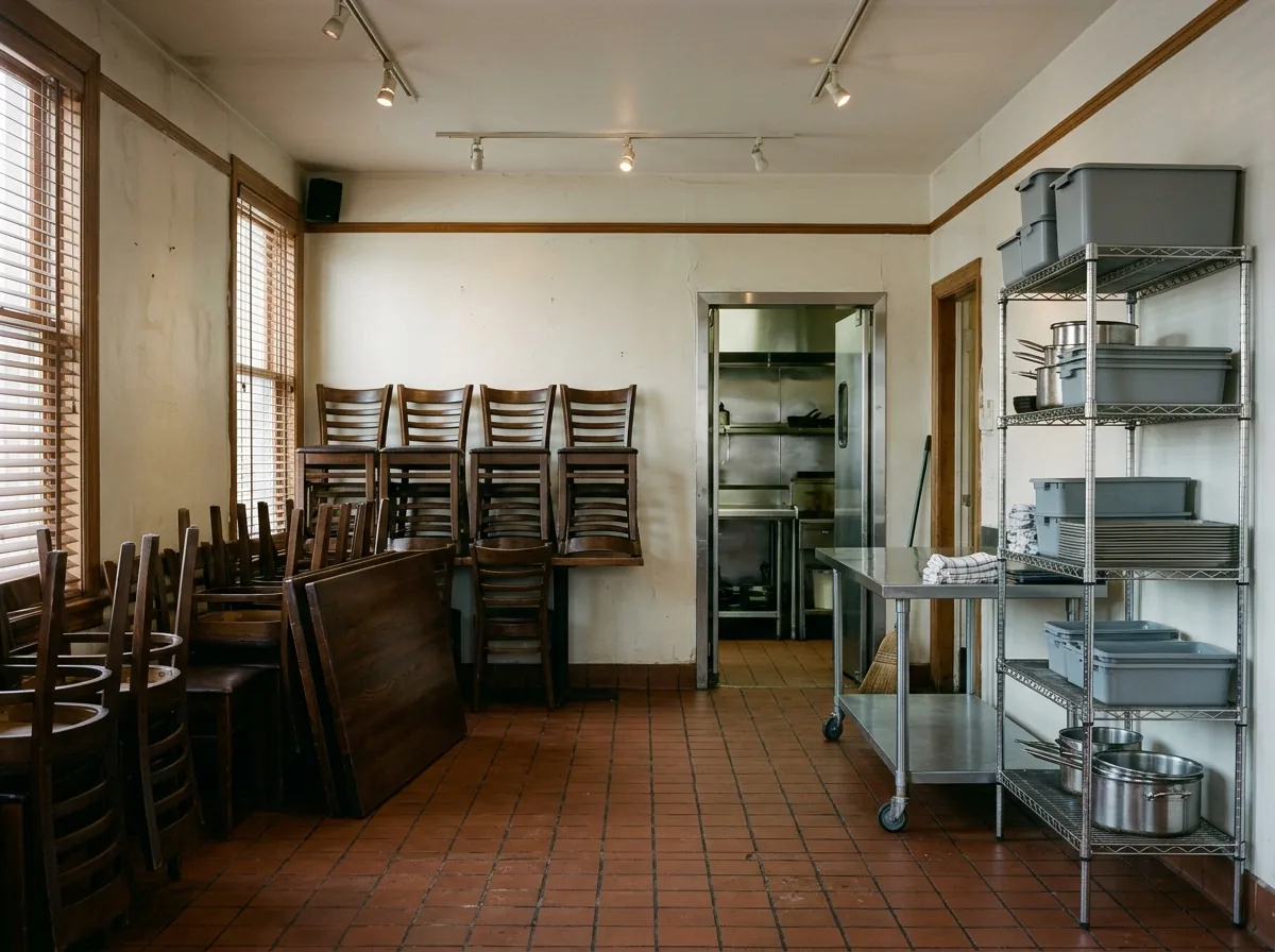 Stacked wooden restaurant chairs and a two-top table beside a stainless prep table in a closed dining room with the lights half on