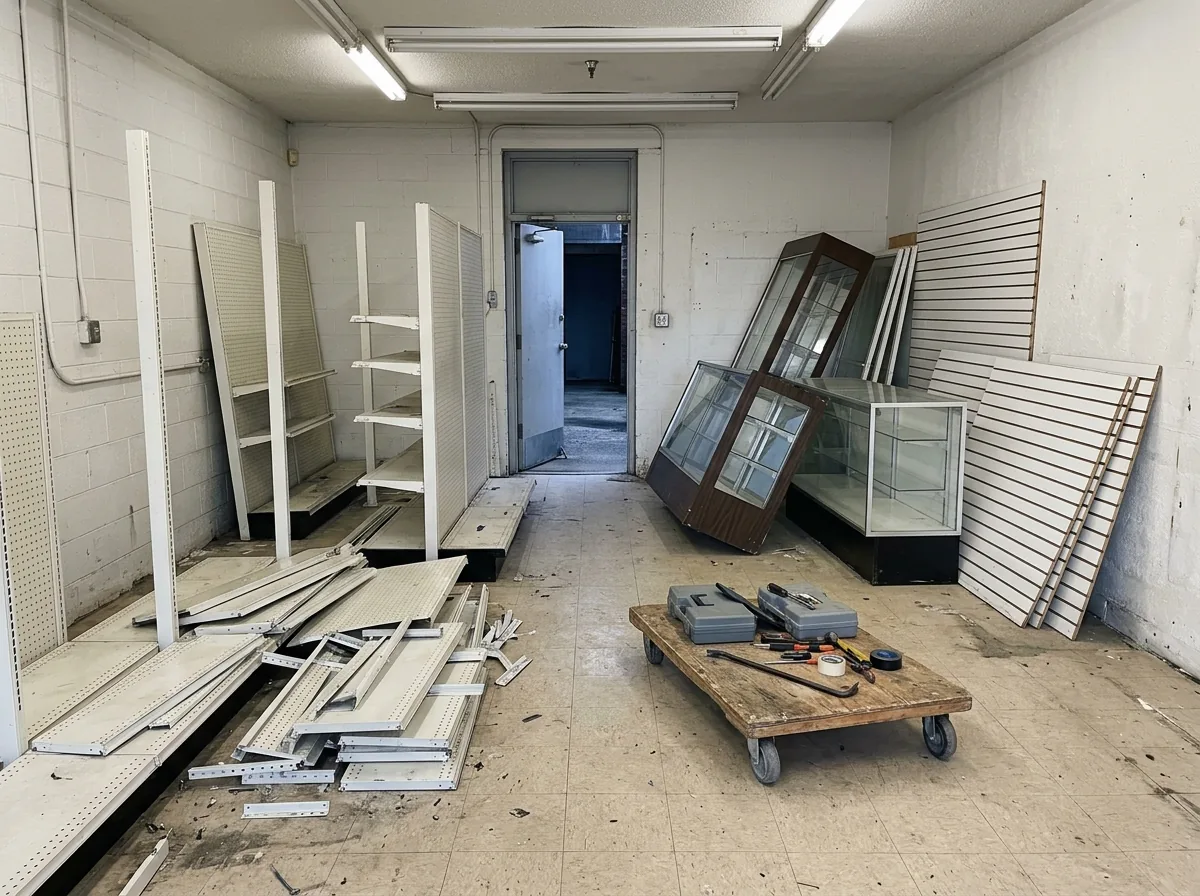 Empty retail store with gondola shelving units pulled apart, glass display cases and slatwall panels stacked near the back door