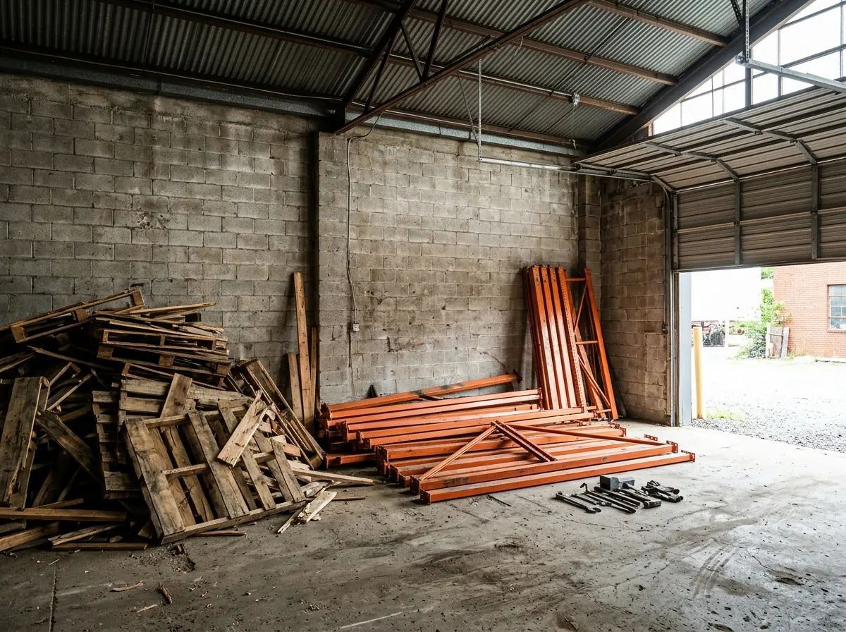 Broken wooden pallets piled against a warehouse wall next to dismantled orange pallet racking uprights and beams on a concrete floor