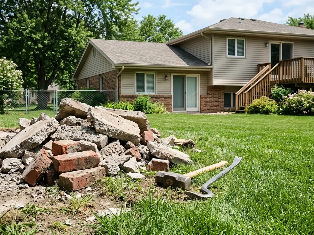 Broken slabs of concrete patio and a few red bricks piled at the edge of a lawn