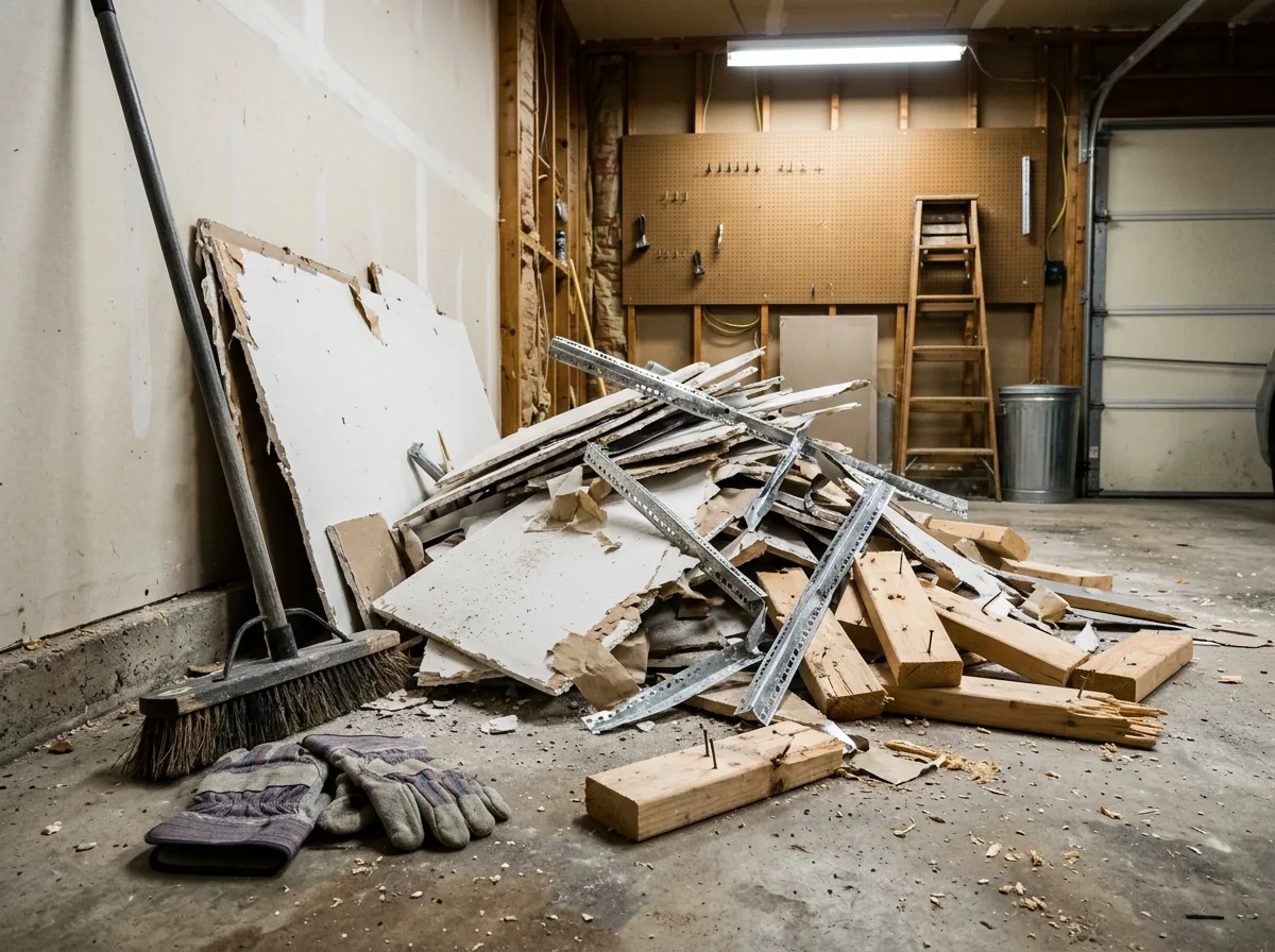 Pile of broken drywall sheets, bent metal corner bead and short 2x4 offcuts on a garage floor