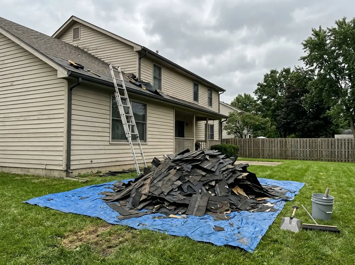Heap of torn-off asphalt shingles and felt paper on a blue tarp beside a two-story frame house