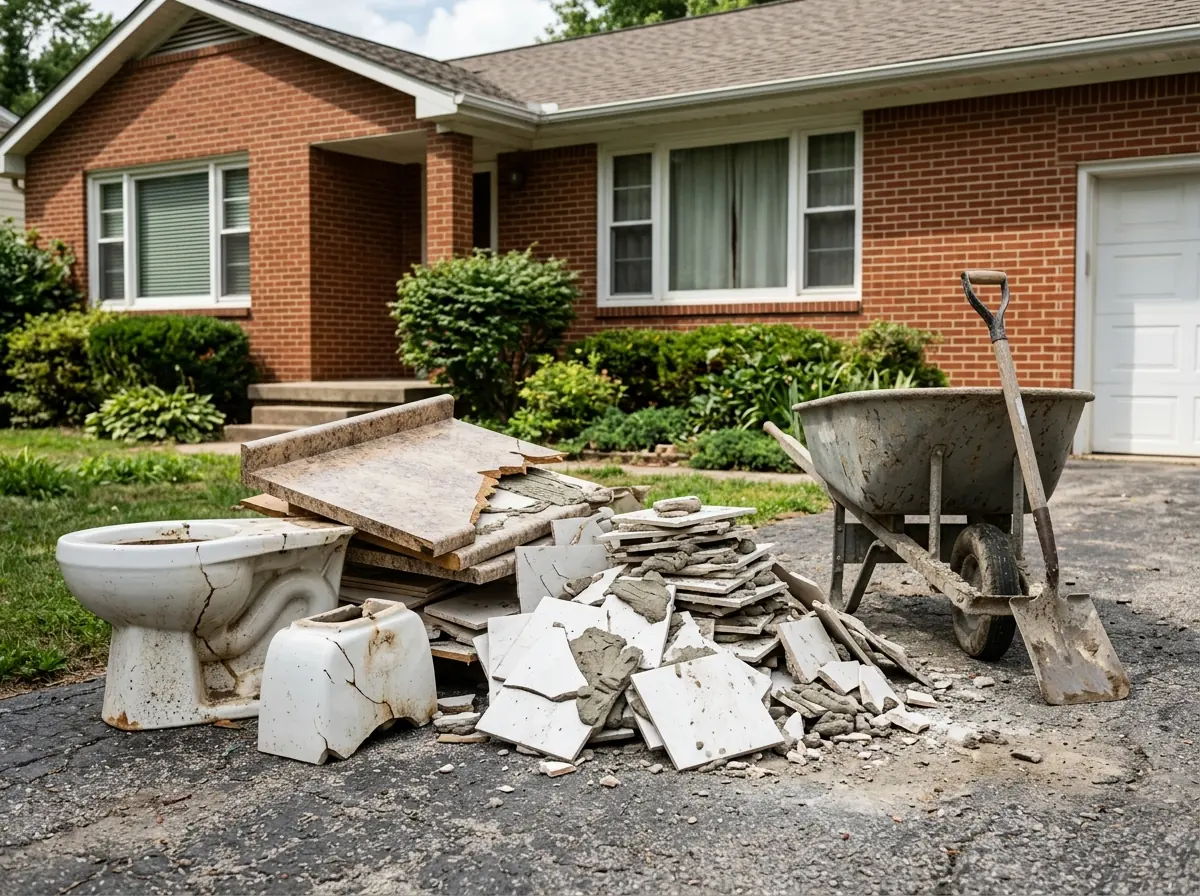 Broken ceramic floor tile, a cracked toilet and an old vanity top stacked in a driveway
