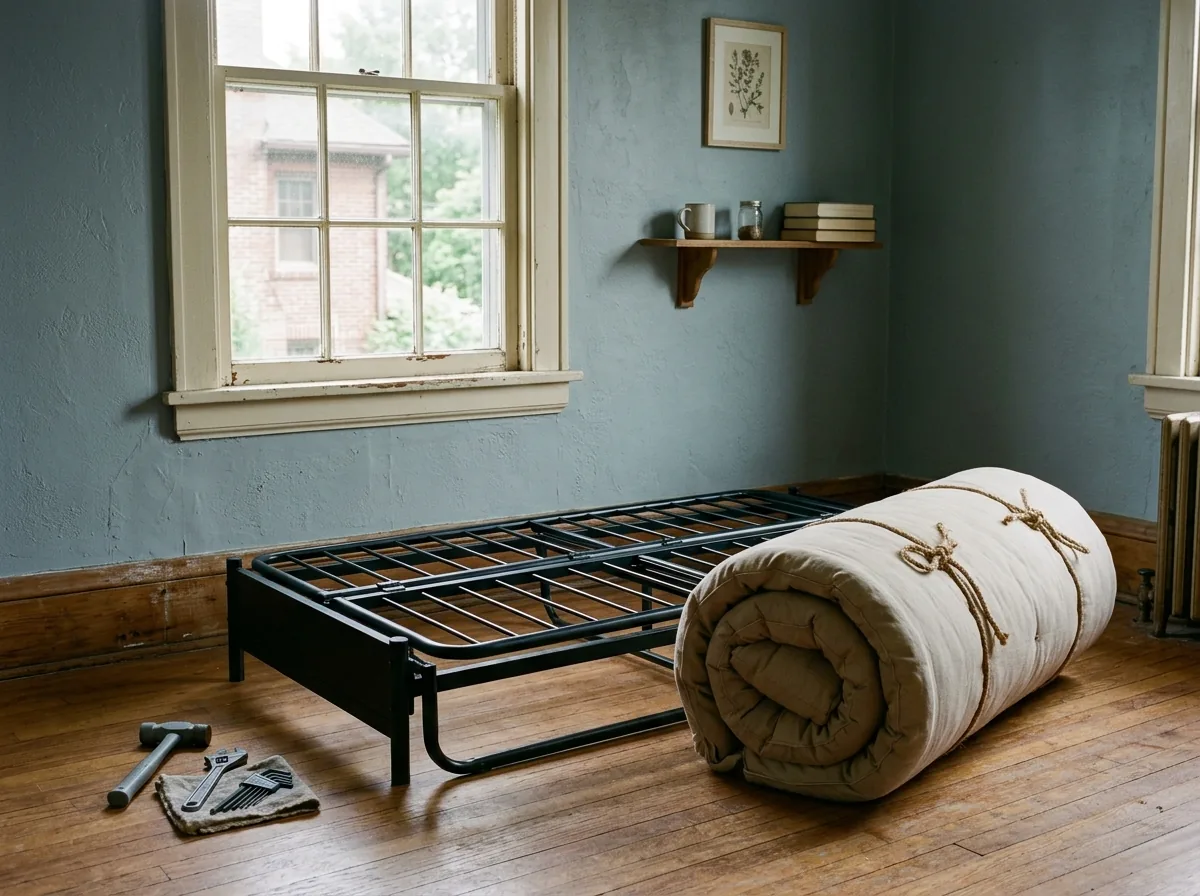 Black metal futon frame folded flat next to a rolled futon mattress on a hardwood floor