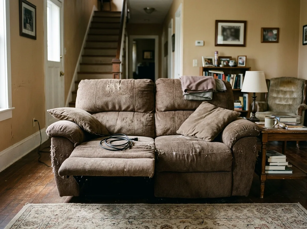 Brown reclining loveseat with the footrest stuck halfway open, unplugged power cord coiled on the seat