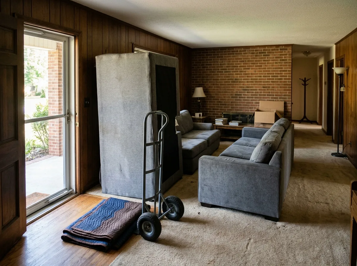 Large gray fabric sectional separated into three pieces in a living room, one section tipped on its end beside a doorway