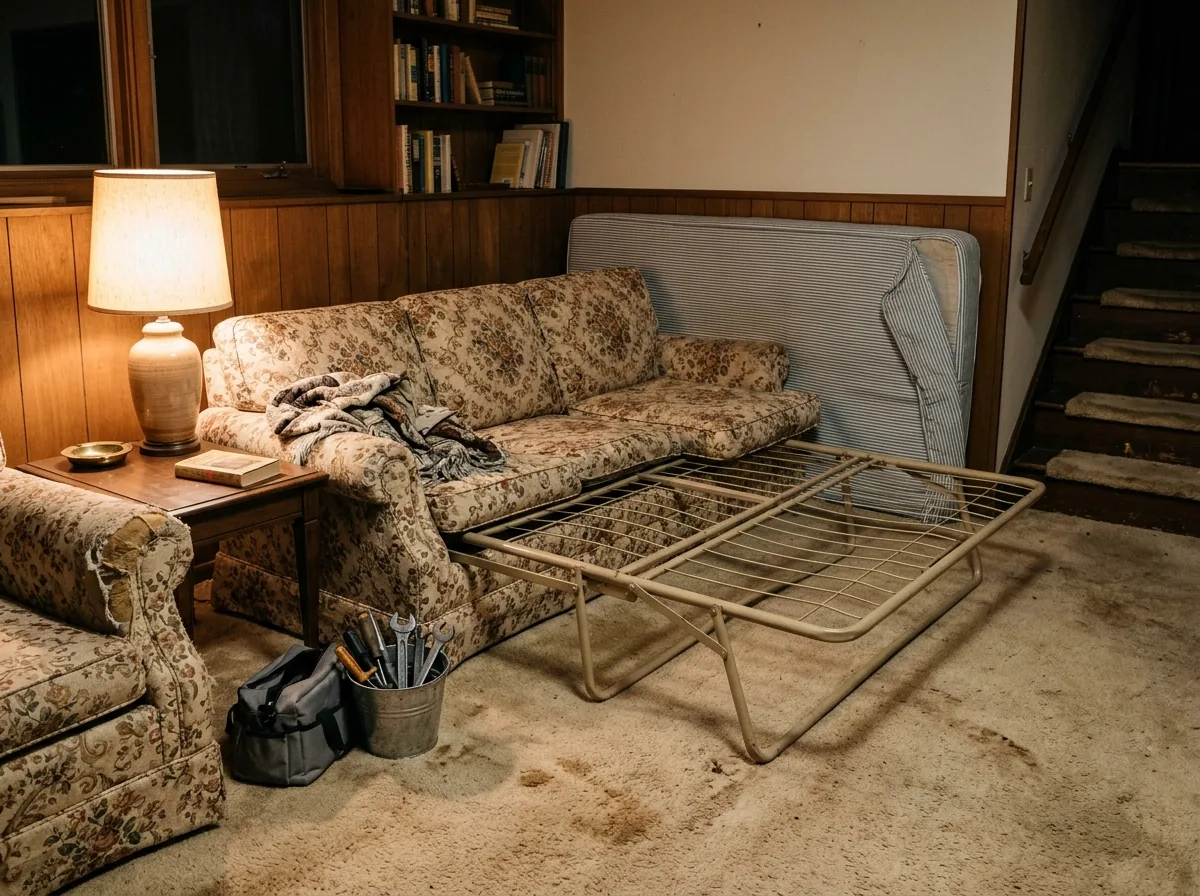 Old floral sleeper sofa with its fold-out bed frame half open and the thin mattress pulled to one side