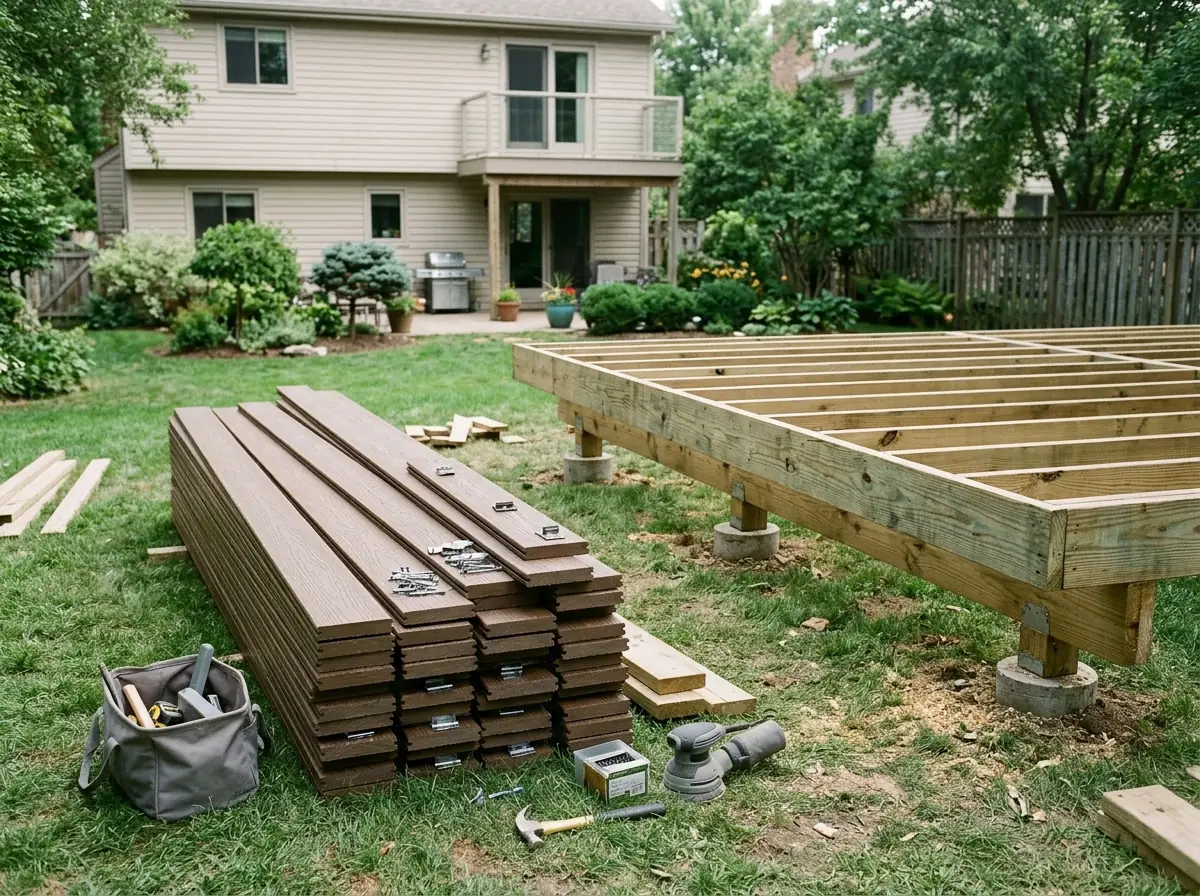 Stack of brown composite deck boards with hidden fastener clips, pulled up and piled beside bare wooden joists