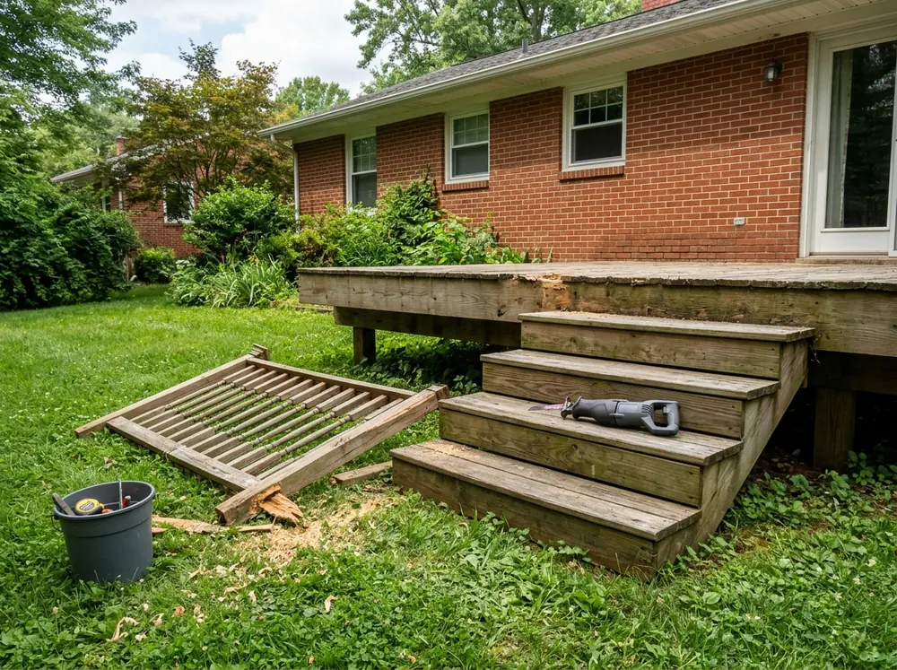 Wooden deck stairs and a section of baluster railing torn off and lying on the lawn next to a low platform deck
