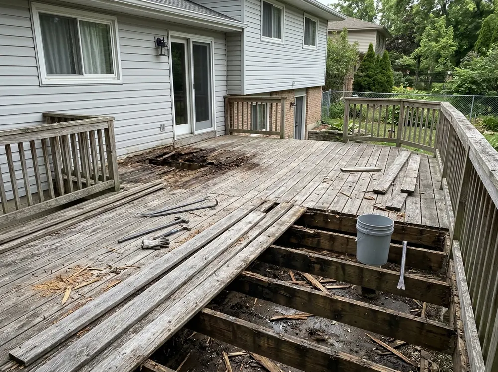 Gray weathered pressure-treated deck boards with popped nails and a rotted section near the house, railings still attached