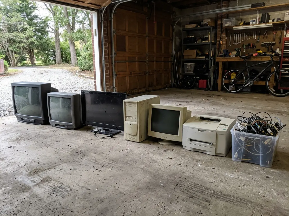 Row of old electronics on a garage floor: two tube TVs, a cracked flat-screen, a beige computer tower, a monitor, a printer and a tote of cables