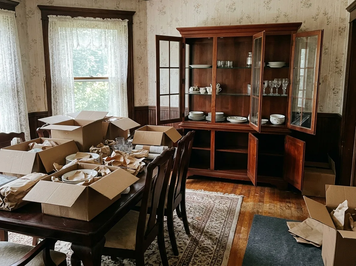 Dated dining room during an estate cleanout, with a cherry china cabinet half emptied and dishes wrapped in paper in boxes on the table