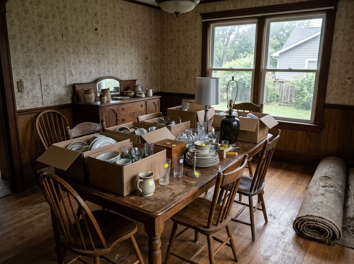 Dining room after an estate sale with mismatched chairs, boxed dishes, lamps and a rolled rug left behind, price stickers still on some items