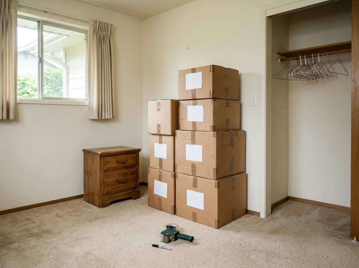 Stacked cardboard boxes with blank paper labels beside an emptied bedroom closet and a roll of packing tape on the floor