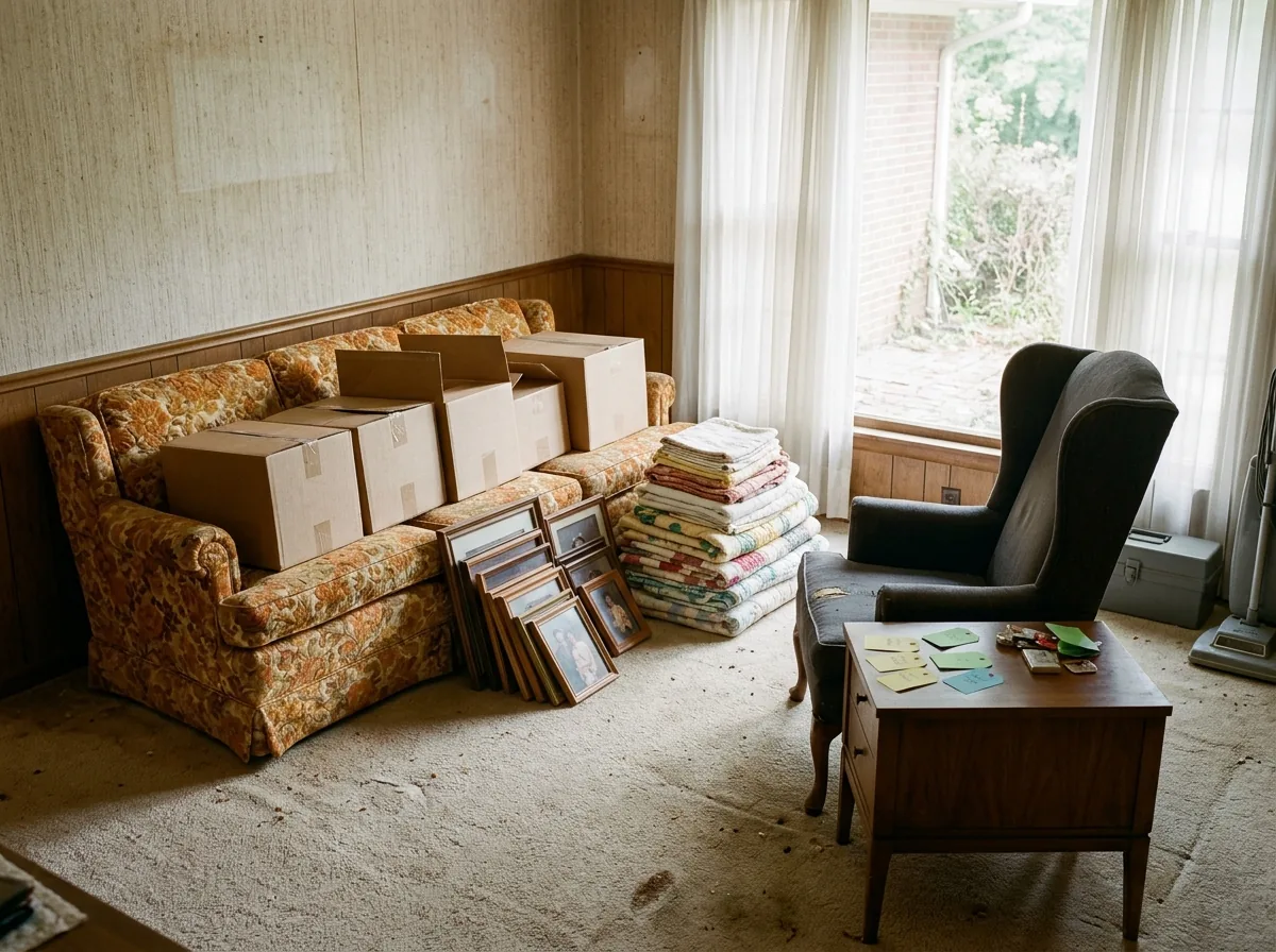 Living room with moving boxes, a stack of framed photos and a sorted pile of linens on a sofa, ready for an estate cleanout