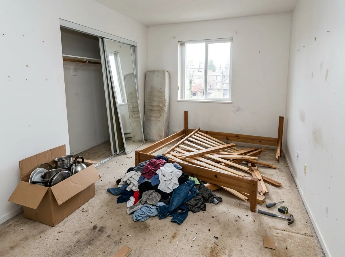 Apartment bedroom being turned over, with a broken bed frame, a pile of clothes and a box of kitchen items on beige carpet
