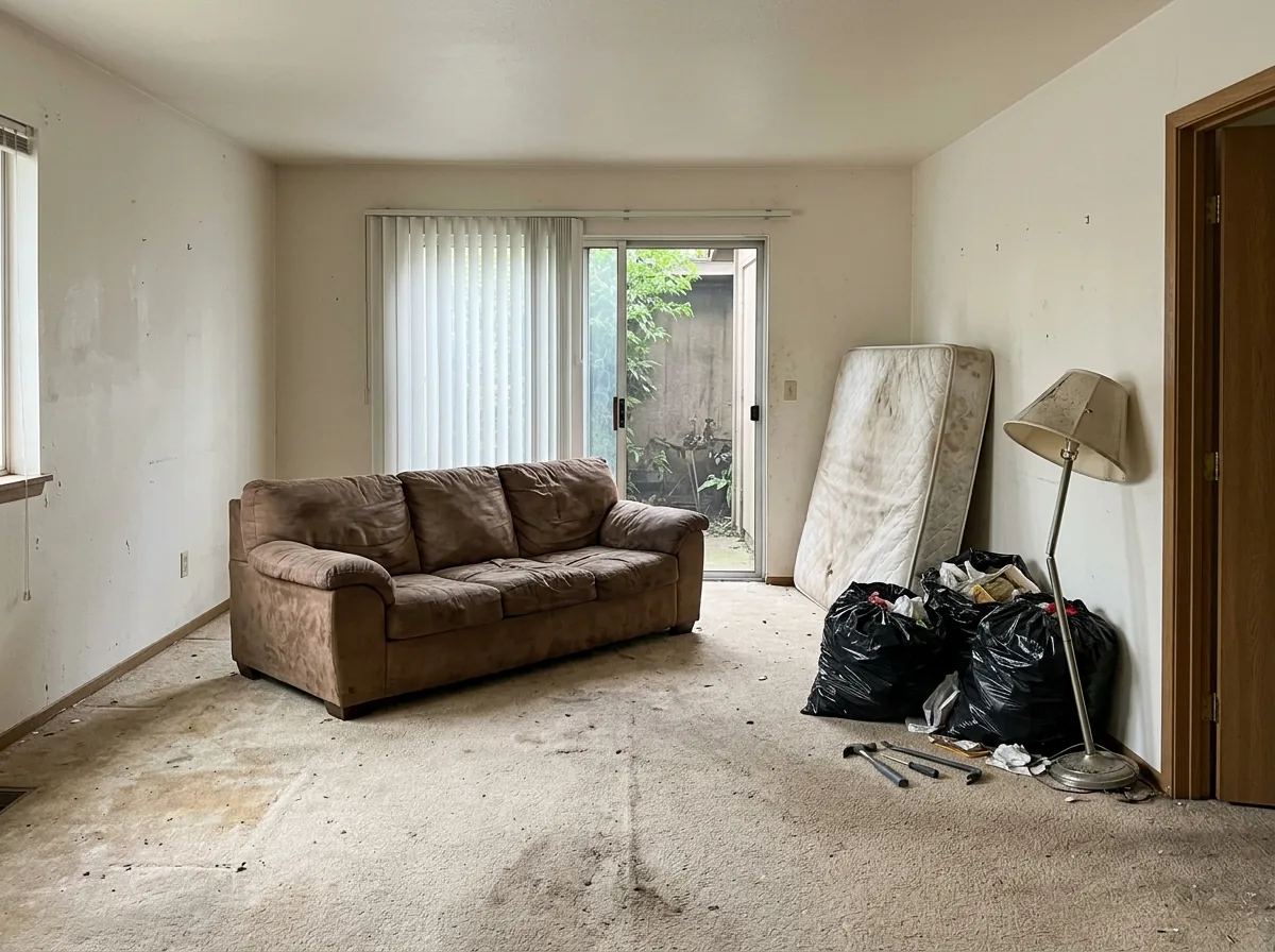 Empty apartment living room with a worn sofa, a stained mattress against the wall and trash bags piled by the door