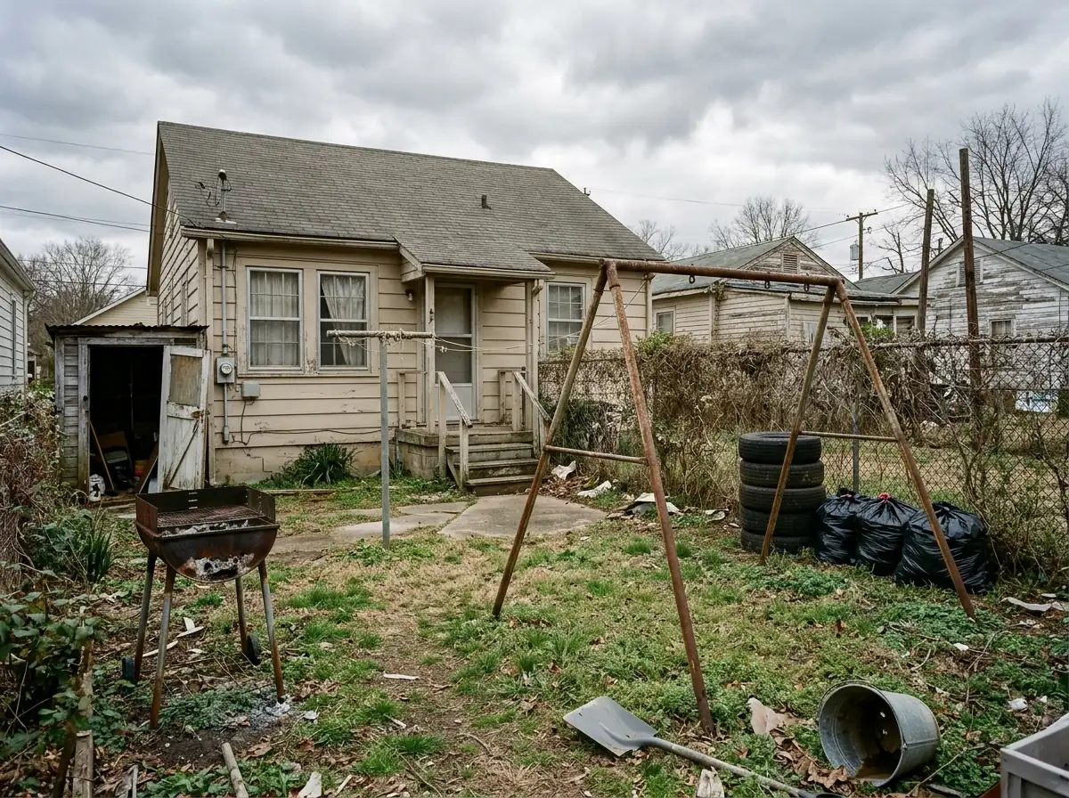 Rental house backyard with a broken grill, a stack of tires, a rusted swing and bagged trash by a chain-link fence