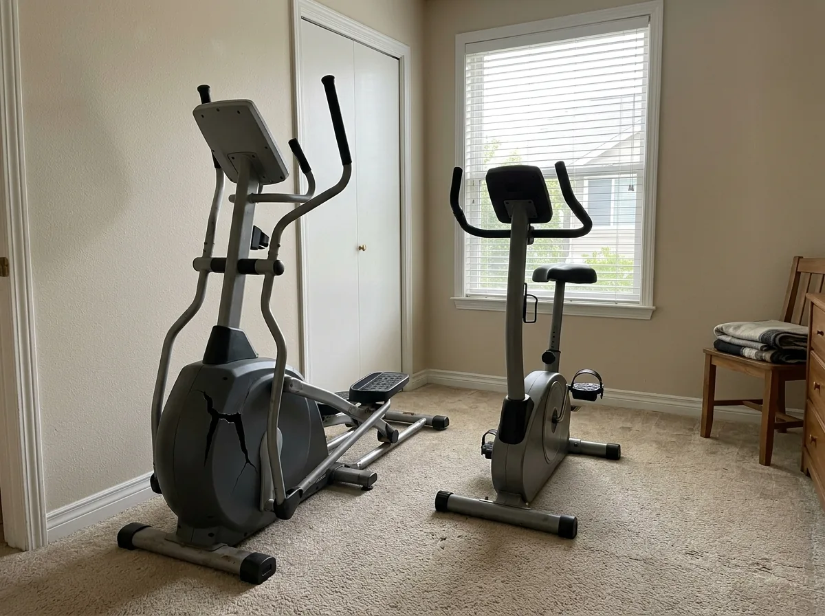 Elliptical trainer with a cracked plastic shroud next to an upright exercise bike in a carpeted spare bedroom