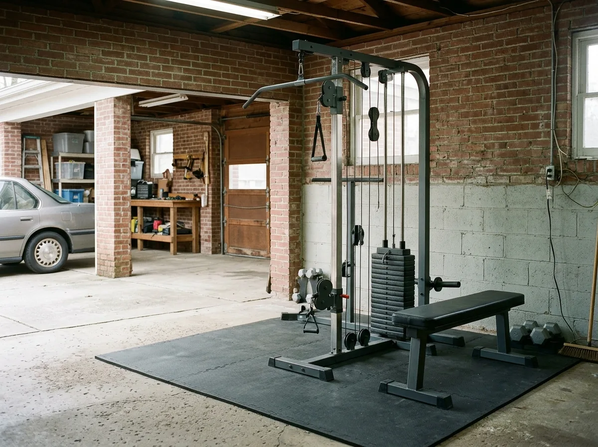 Multi-station home gym with a cable tower and a stack of weight plates beside a padded bench in a garage