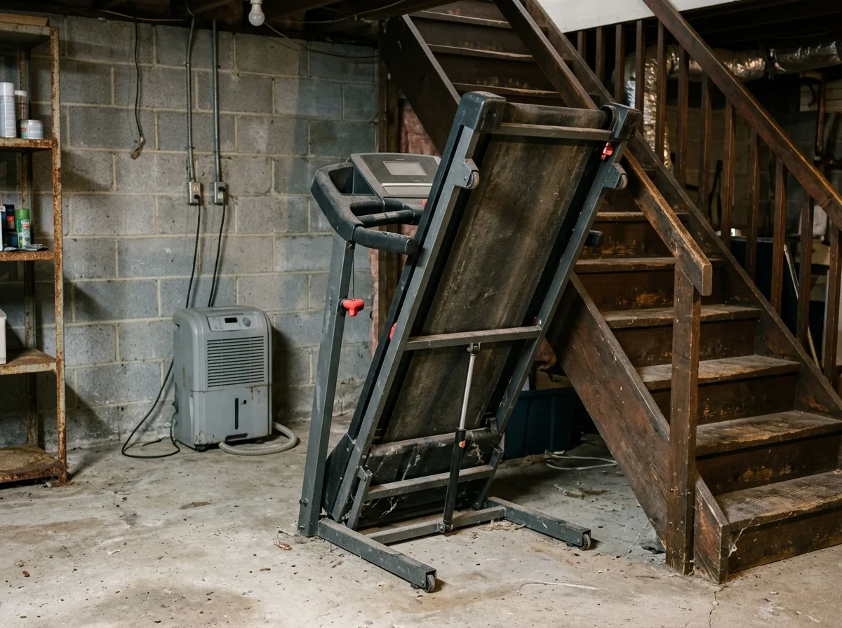 Old folding treadmill with its deck raised and locked upright in an unfinished basement beside the stairs