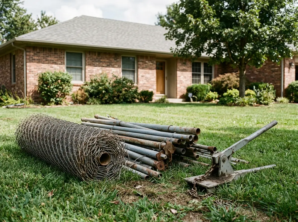 Old chain-link fence fabric rolled up on the grass with galvanized top rail sections and posts stacked beside it