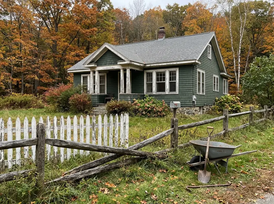 Low white picket fence with peeling paint and a weathered split-rail fence section lying in a front yard