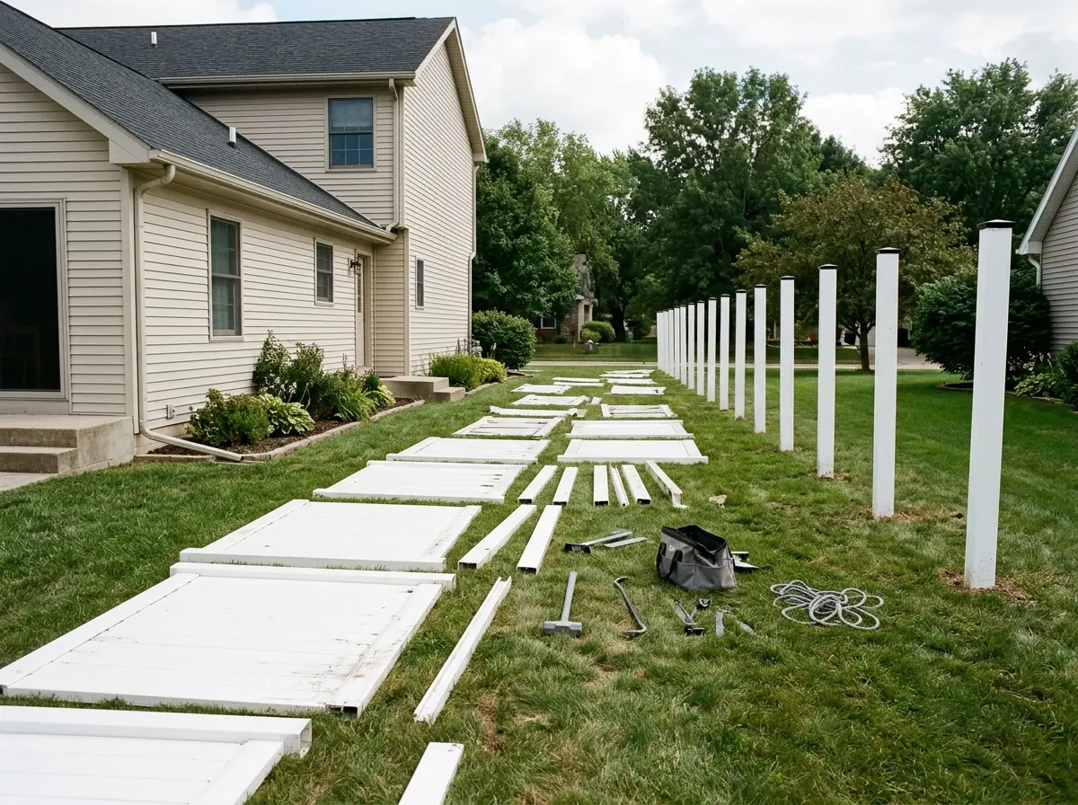 White vinyl privacy fence panels lying flat on a lawn after removal, with hollow posts still standing