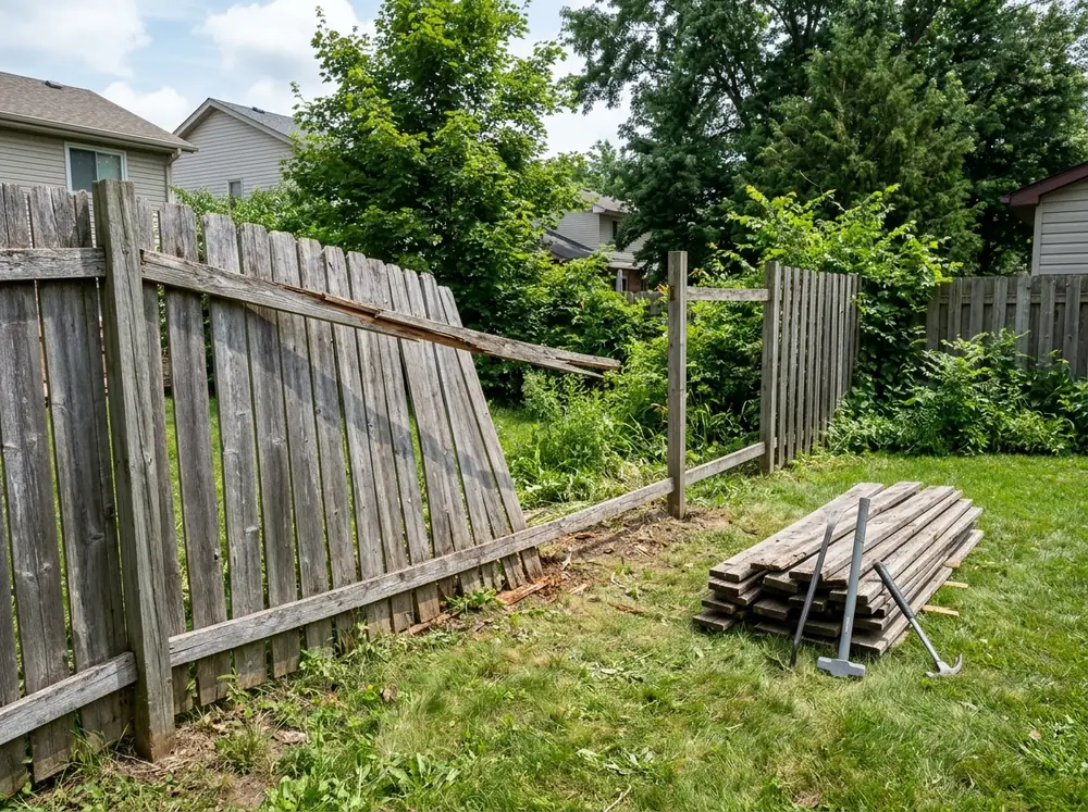 Six-foot wooden privacy fence with gray, leaning pickets and a broken rail along the back of a suburban yard