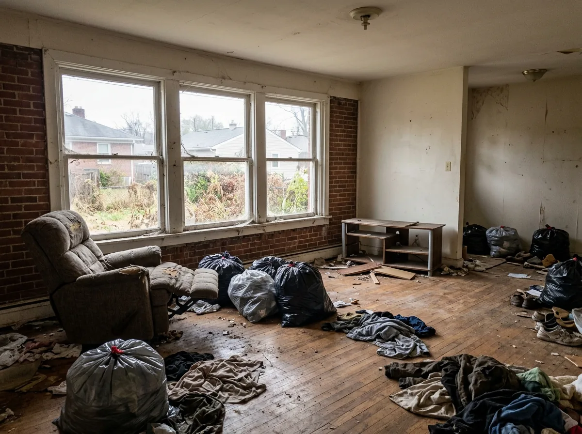 Vacant brick ranch house living room with an abandoned recliner, scattered clothes, a broken TV stand and bagged trash on bare floors