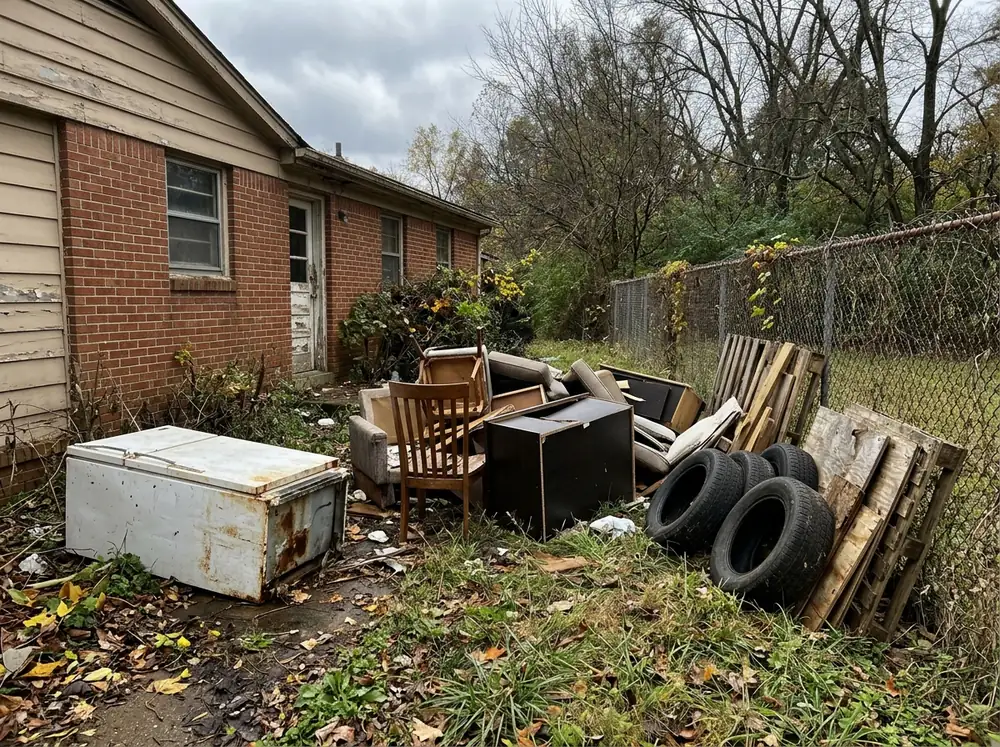 Side yard of a vacant house with a pile of broken furniture, an old refrigerator, tires and scrap wood next to a chain-link fence