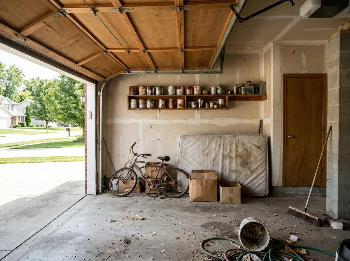 Garage of a vacant house with leftover paint cans, a broken bicycle, boxes and a stained mattress against the wall