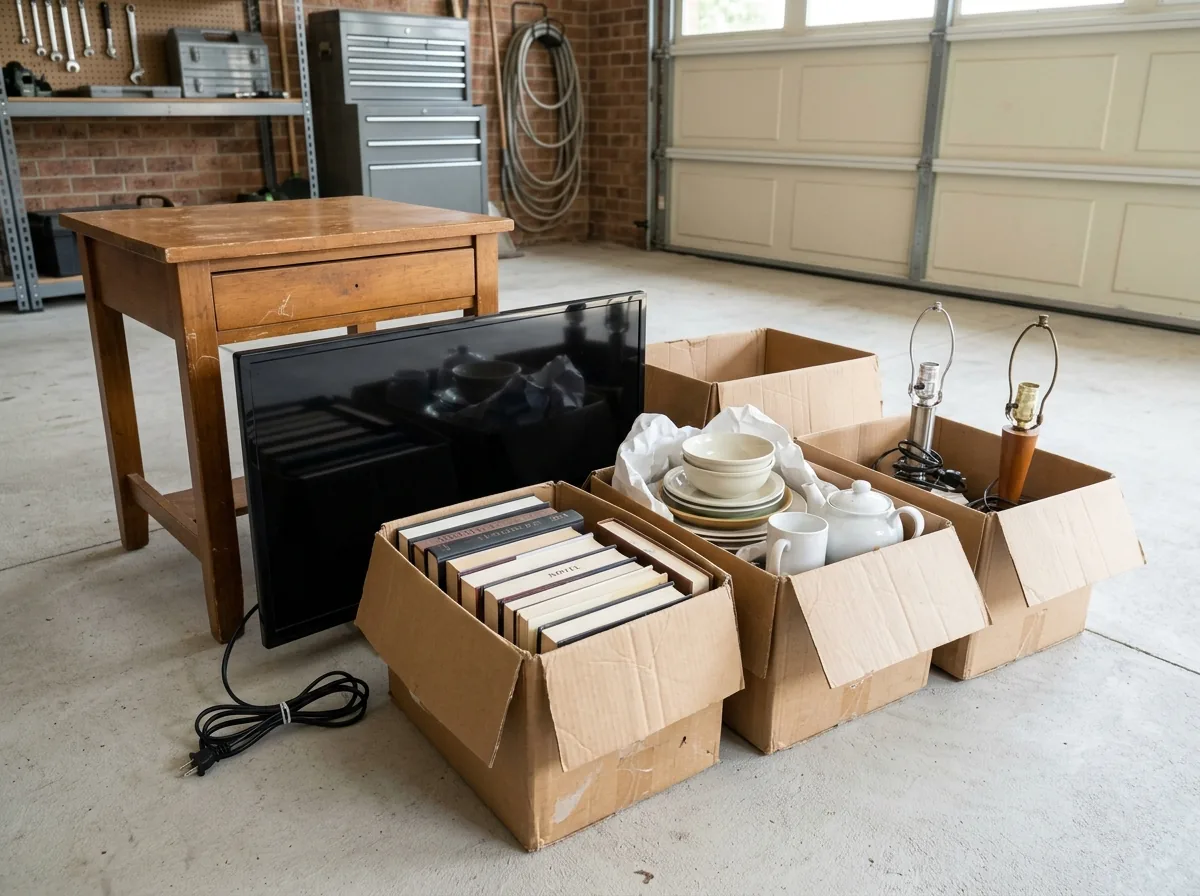 Cardboard boxes of dishes, lamps and books beside a small side table and a flat-screen TV, ready for a donation drop-off