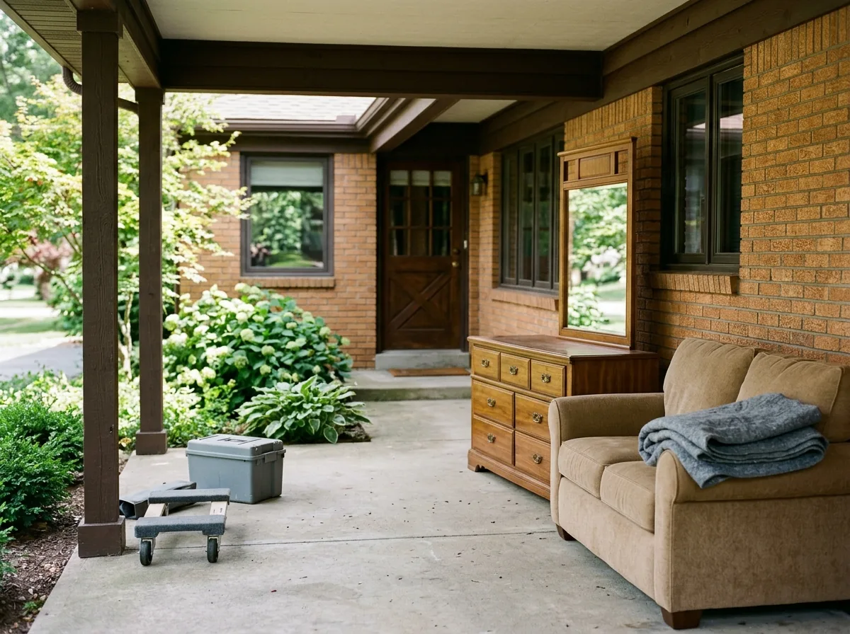 Clean wooden dresser with matching mirror and a tan fabric sofa in good condition on a brick ranch house's covered porch
